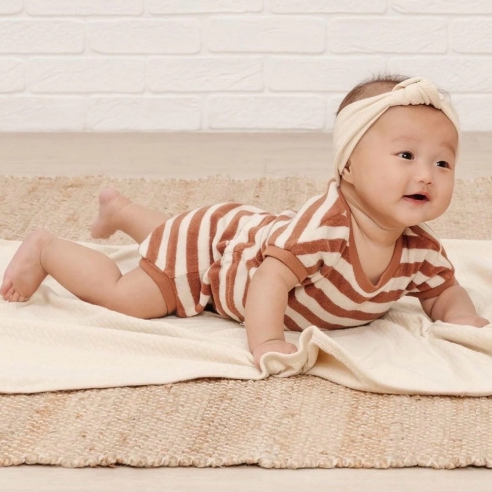 Quincy Mae Striped Rust and Cream Baby Romper